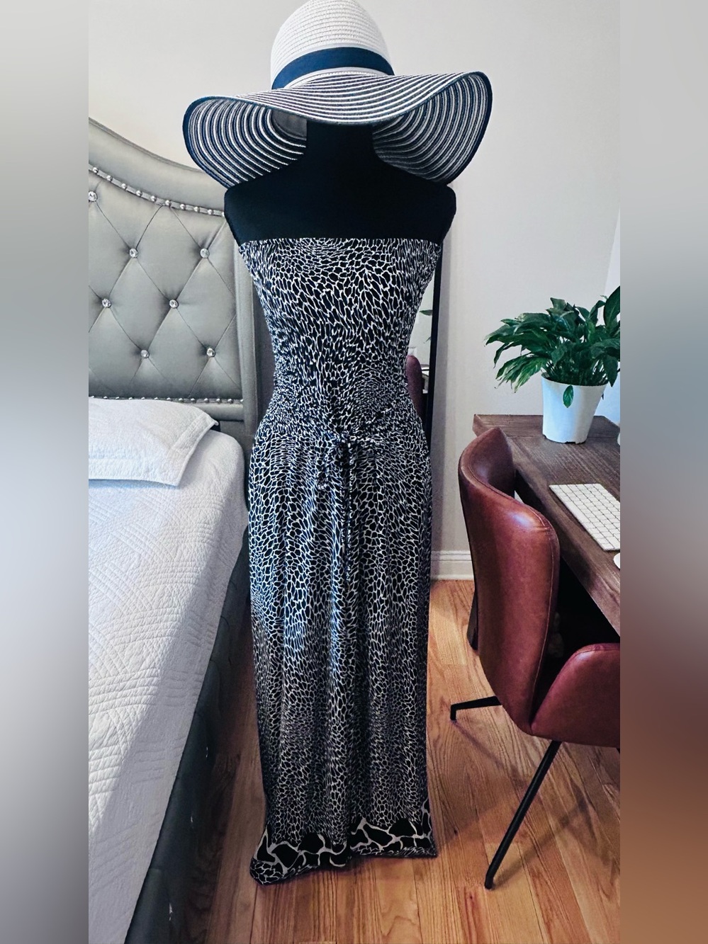Strapless Black & White Maxi Dress with Tie Waist